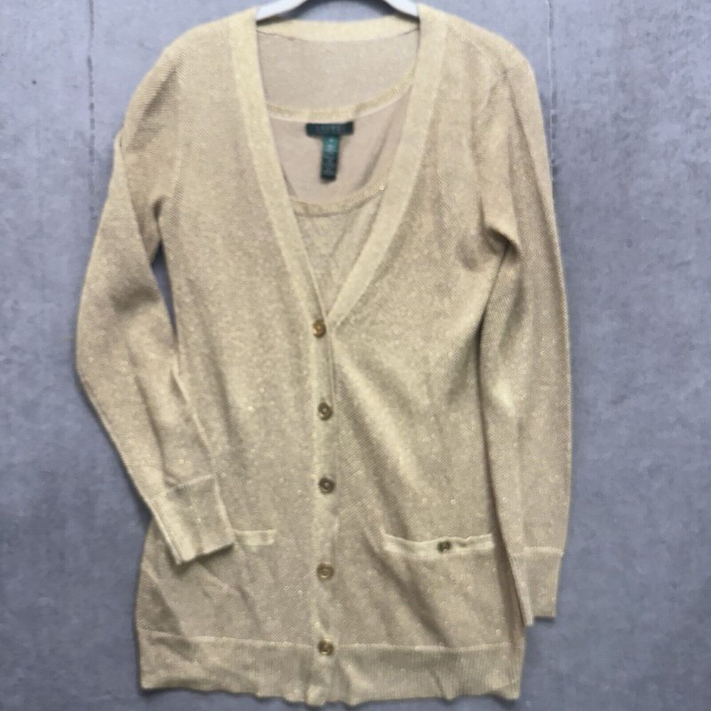 Ralph Lauren LRL Sweater Set  M Cardigan Silk Metallic Gold Holiday Cruise Party